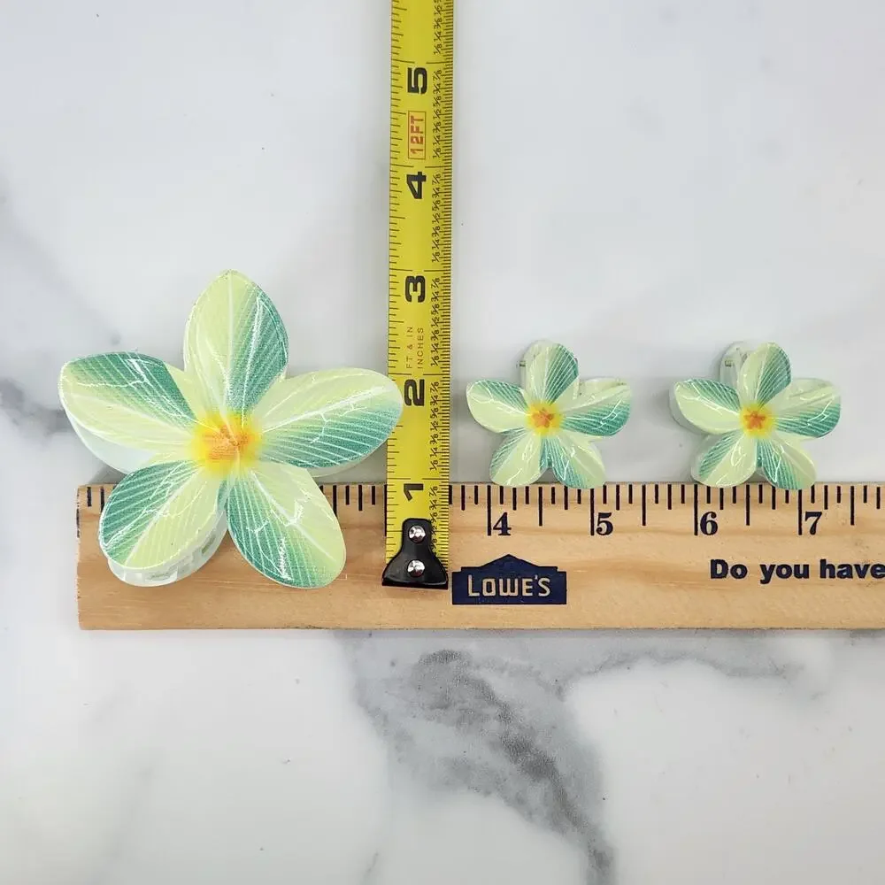 3 pc Hawaiian Flower Claw Clip Set - Hair Accessories Green Plumeria